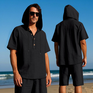 Conjunto de Camisa sin Mangas con Capucha y Pantalones Cortos de Lino para Hombre, Corte Holgado, Ligero, Informal, Ropa de Playa, Conjunto Coordinado de Dos Piezas para Verano - Product Image 2