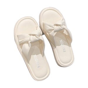 Elegant Cream PU Slides With Bow <b>Decoration</b> Flat Heel Open Toe Slip-On <b>Summer</b> Women's Sandals Comfortable EVA Sole - Product Image 1