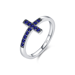 S925 <b>Silver</b> <b>Cross</b> Shape <b>Ring</b> With Pave Set Sapphire Stones Religious Jewelry Unisex Everyday Wear - Product Image 1