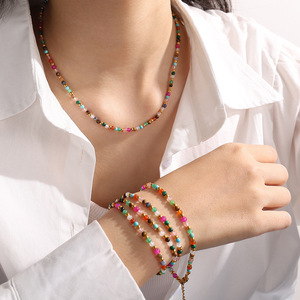 Colorful Beaded Necklace Women's Bohemian Style Fashion Jewelry Party Accessories Titanium Steel Round <b>Beads</b> <b>Set</b> - Product Image 4