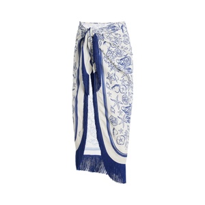 Jupe Sarong Imprimée Élégante Motif Marin Coquillage pour Femme, avec Liens Latéraux Ajustables et Franges à Pompons Bleues, Idéale pour la Plage et les Fêtes - Product Image 1
