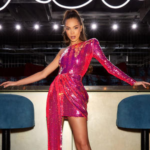 Neues Design Shining Multi color One Shoulder Pailletten kleid V-Ausschnitt Abendkleider Party Maxi Pailletten Abendkleid - Product Image 4