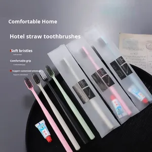 B & B Inn Ensemble de brosses à dents jetables à poils souples Brosse à dents cylindrique en plastique avec paille de blé avec dentifrice pour les voyages d'hôtels - Product Image 1