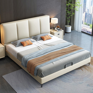 เตียงจัดเก็บของทำจากหนังครีมทันสมัยดีไซน์เรียบง่ายเตียงแต่งงานนุ่มสองชั้นสำหรับห้องนอนอพาร์ทเมนต์ขนาดเล็ก - Product Image 3