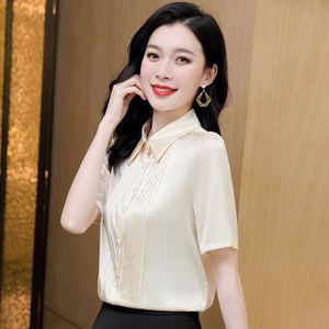 Camisa informal de seda de manga corta para mujer de verano de moda elegante con botones de diseño plisado nueva camisa de mujer de color sólido - Product Image 1