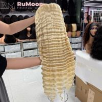 Perruque brésilienne en cheveux vierges Remy, ondulations profondes, blond 613, dentelle transparente, pré-épilée, sans colle, 4 peignes ajustables, de 18 à 30 pouces