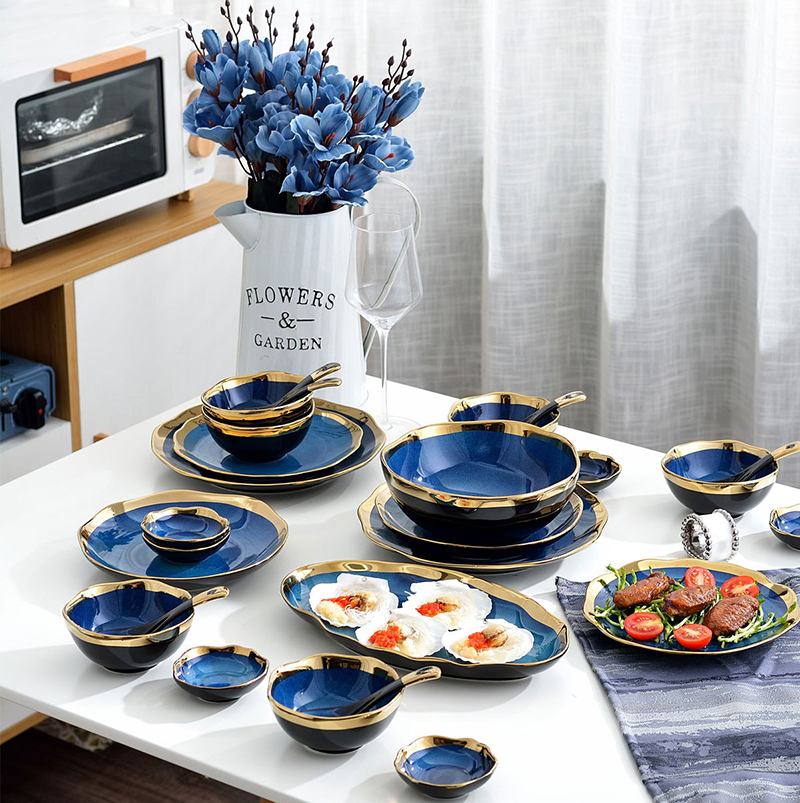 Dinnerware Sets Service for 6, 4, 2 People Irregular Luxury Phnom Penh Kiln Blue Ceramic Tableware Fish Plate Bowl Dish Combine