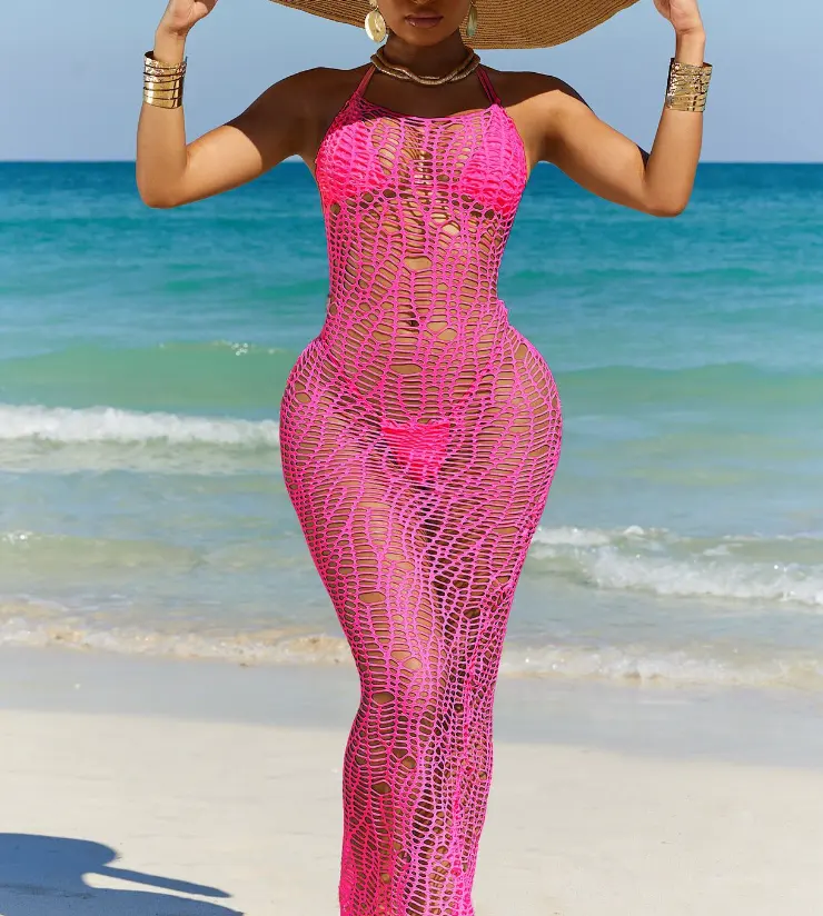 Voorraad 4 Kleuren Vrouwen 3 Stuks Badmode Gehaakte Strandjurk Uitgehold Zomer Maxi Jurk Braziliaanse Bikini Set