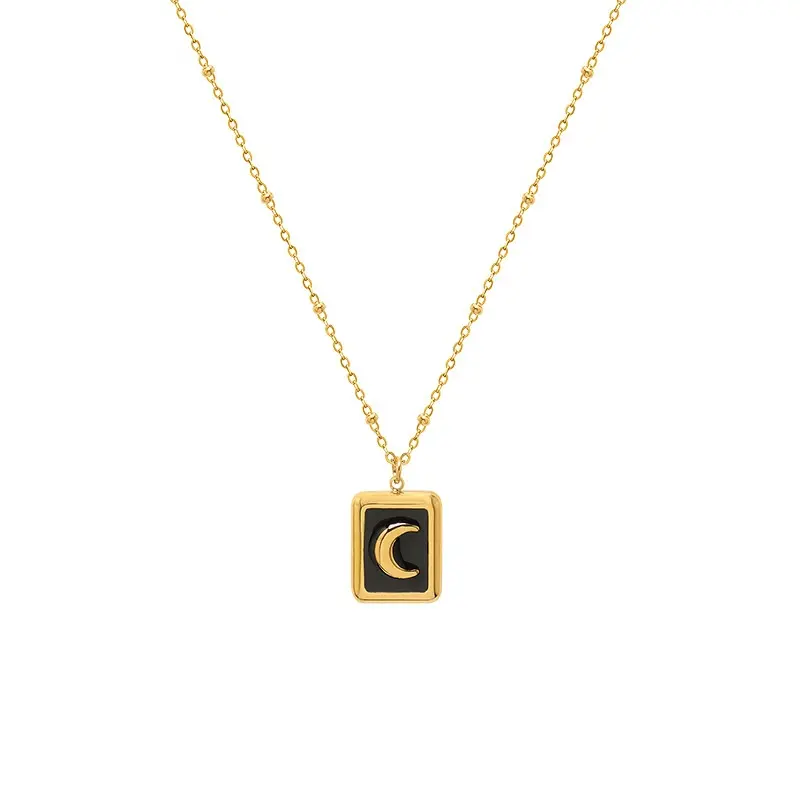 بيع بالجملة مجوهرات أنيقة مخصصة مطلية بالذهب عيار 18 قيراط سلسلة أسود إيبوكسي قمر قلادة مربعة قلادة عدو للنساء