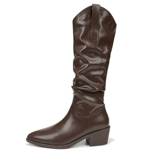 Knee-High <b>Boots</b> Women Pointed Toe Square Heel Genuine Leather Western Style Fashion Trend 5798-1 - Product Image 5