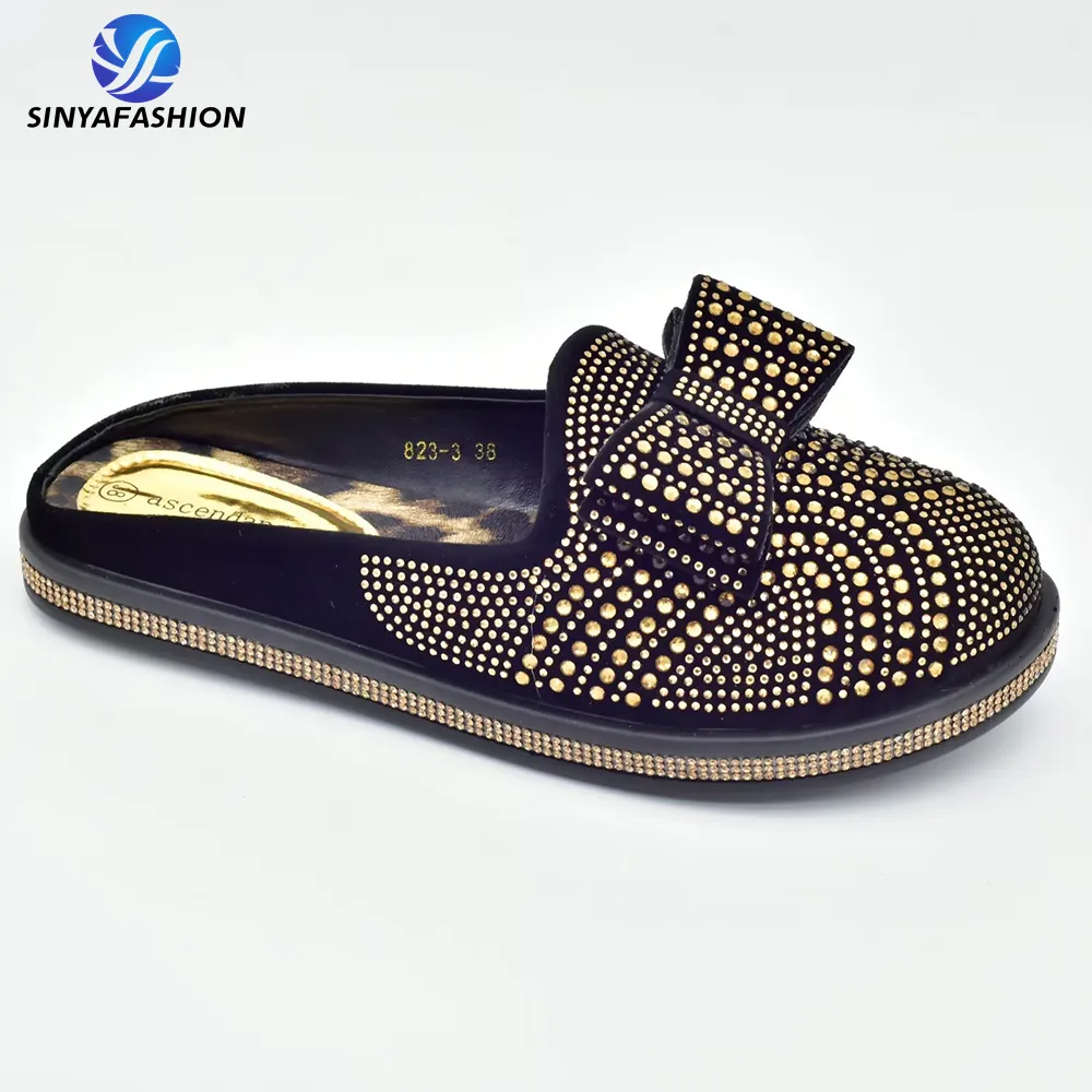 Sinya Gold Silver High Quality Bow Decorated Rhinestone Ladies Shoes Women Flat Slippers Sandals Pumps