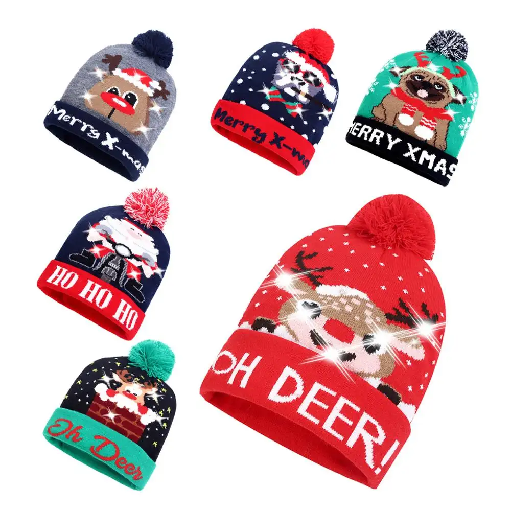 D1968 חורף חג המולד המפלגה LED סרוג כובעי להתחמם פום פום בימס צמר כובע ילדים ילדי Cartoon איילים LED חג המולד כובע