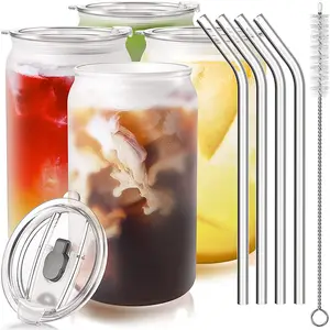 16oz Can Shaped Glass Color Changing Iced Coffee Cup with Lid and Glass Straw Cold Drink Tumbler