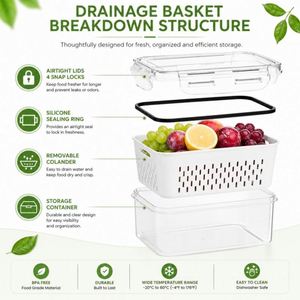 Custom Food Storage <b>Container</b> with Drain Basket and Airtight Lid for <b>Refrigerator</b> Fruit & Vegetable Organizer - Product Image 3