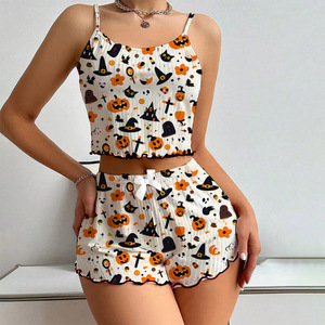 Côtelé Halloween imprimé sans manches haut à bretelles femmes costume fille chaude court Sexy jarretelle Shorts personnalisé vêtements de détente femmes ensembles - Product Image 1