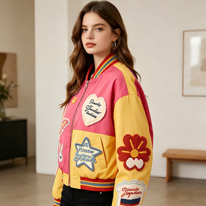 Giacca Corta Rosa Y2K Personalizzabile per <span class=keywords><strong>Donna</strong></span>, Logo Personalizzato, Ricamo ad Alta Densità, Patchwork, Cappotto Streetwear - Product Image 4