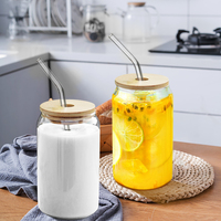 Verre à thé à bulles, tasse à boire jus de café froid Boba tasses Sublimation bière canette en verre avec couvercle en bambou et paille