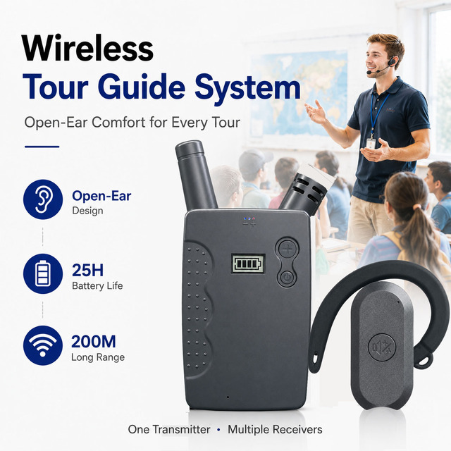 Wireless Tour Guide System W2435 Open Ear Headset 200M Long Range 25H Battery Earhook Receiver for Factory Museum Group Tours