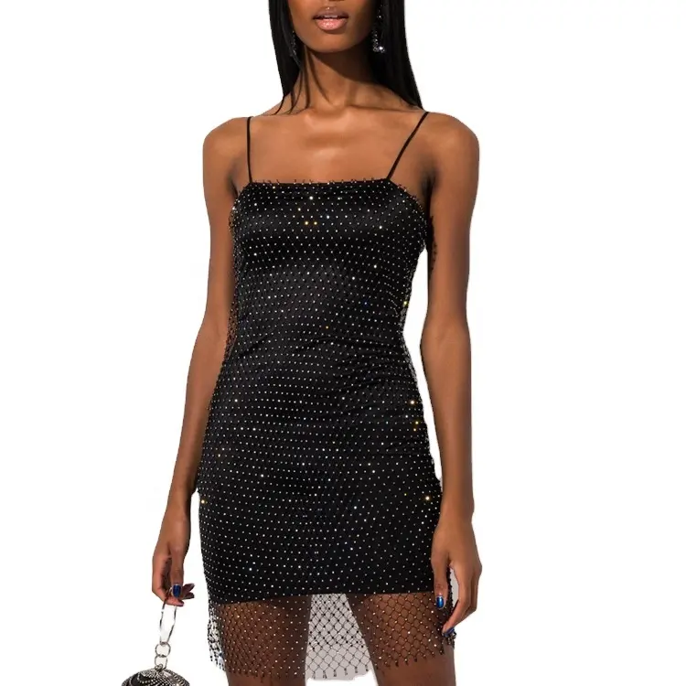 Bodycon Dresses Sexy Mesh Sheer See Through Nightclub Party Dress Women's Rhinestone Black Mini Vintage OEM Service Taffeta S-XL