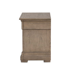 Mesita de noche con cajones en francés e inglés, acabado gris desgastado, tirador de metal, cajón superior forrado en fieltro - Product Image 4