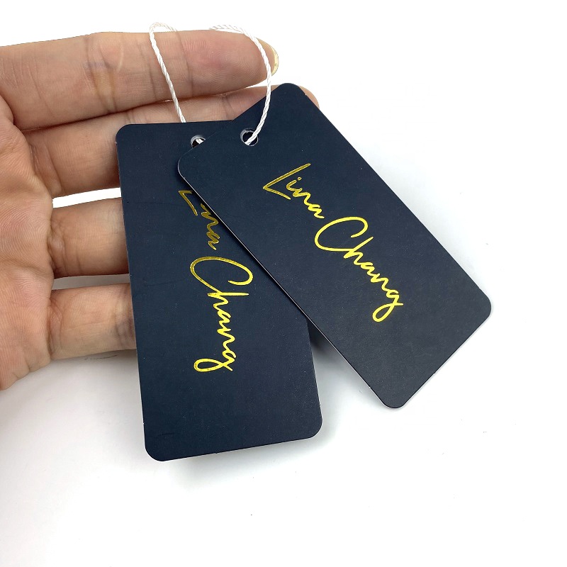 Custom Coated Paper Label Tags Black Fashion Swing Hangtags Clothing Gold Foil Hang Tag