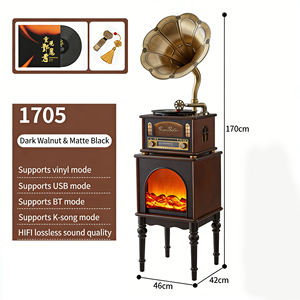 Tocadiscos vintage todo en uno con chimenea eléctrica, radio FM, altavoz, reproducción de 3 velocidades, audio doméstico, madera, Bluetooth y USB. - Product Image 2
