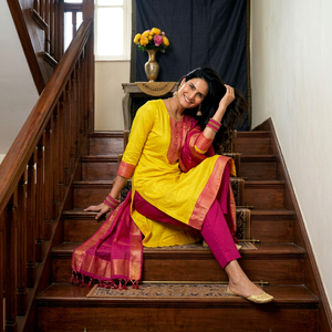 <b>Women's</b> Yellow Pink Cotton <b>Kurta</b> Set With Dupatta Traditional Indian Pakistani Casual Wear Regular Fit Suit Set for <b>Womens</b> - Product Image 1