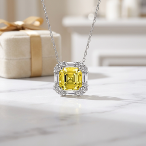 Asscher Cut Yellow Moissanite Halo <b>Charm</b> <b>Necklace</b> Sterling Silver Luxury GRA Certified Prong Set Fine Jewelry Women - Product Image 4