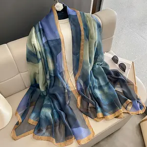 Wholesale 2024 large size soft imitation floral printed silk shawl muslim women head wraps sun block silk scarf soft gauze scarf