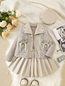 Completi Eleganti da Bambina per Autunno Inverno 2025 con Gilet in Pelliccia, Top a Maniche Lunghe, Gonne Plissettate in PU e Cappello, Set da 4 Pezzi di Abbigliamento Boutique per Bambini - Product Image 6