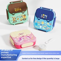 Boîte à lunch carrée en plastique pour enfants, motif dessin animé, compatible micro-ondes, 3 compartiments, pour étudiants, avec fourchette et cuillère