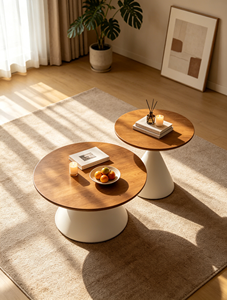 Round Wood Coffee <b>Table</b> with White Base Modern Minimalist Living Room Furniture <b>Nesting</b> Design for Home Use - Product Image 3