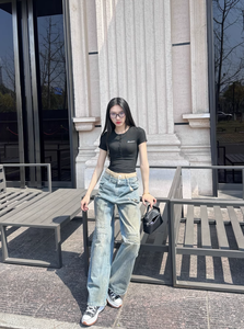 Vintage <strong>Yellow</strong> Mud Dyed Ripped <strong>Jeans</strong> for <strong>Women</strong> Loose Straight-Leg Two-Piece Pants American Decadent Streetwear Casual Denim Hole - Product Image 5