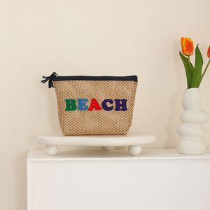 Borsa Cosmetica in Paglia con Lettere Ricamate Colorate, Pochette da Spiaggia per Donne, Ideale per <span class=keywords><strong>Viaggi</strong></span> Estivi - Product Image 2