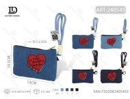 Portamonete a forma di cuore in denim blu con cerniera e cinturino da polso, mini formato unisex - Product Image 1