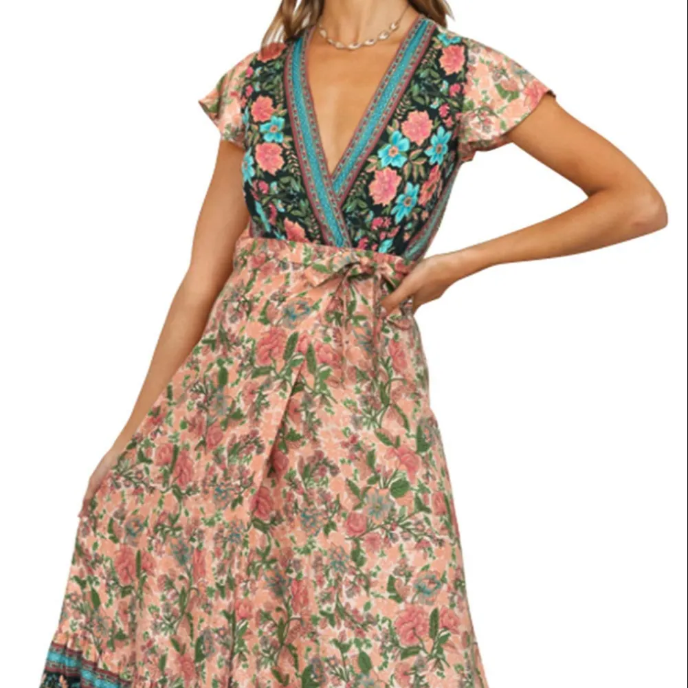 Hawaii tarzı serin gevşek A-line tam çiçek Rayon yüksek bel kadınlar için gündelik giyim Vintage elbiseler