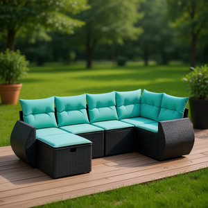 Black Pe <b>Rattan</b> Garden <b>Sofa</b> Set 6 Seater Outdoor Furniture Weather Resistant Storage Ottoman Included - Product Image 2