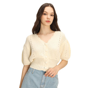 Cárdigan de <span class=keywords><strong>punto</strong></span> grueso con cuello en V y mangas cortas abullonadas para mujer, talla única, estilo casual de primavera 2022, con un solo botón - Product Image 4