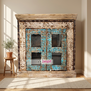 Gabinete de Almacenamiento Vintage de Madera Reciclada con Puerta de Persiana Turquesa Envejecida para Sala de Estar, Requisitos Personalizados, Precio al por Mayor - Product Image 1