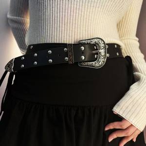 Ceinture tressée en cuir de vachette durable, boucle noire style western, clous argentés, accessoire de mode vintage pour femme - Product Image 1