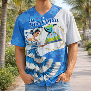 Maillot <span class=keywords><strong>de</strong></span> baseball « Felices Fiestas Patrias Nicaragua » pour filles, vente en gros, chemises <span class=keywords><strong>de</strong></span> baseball culturelles nicaraguaines à boutons - Product Image 1