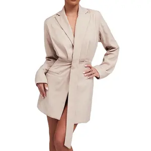 Custom Design Women Mistress Rocks Beige Lapel Wrap Jacket Overalls Long Sleeve Blazer Dress