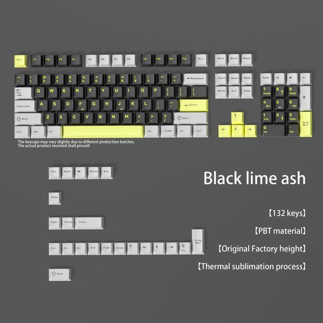 132-key Black and Lemon Gray PBT Keycaps, Fully Backlit, Dye-sublimated Finish, Original Height, Universal Size.