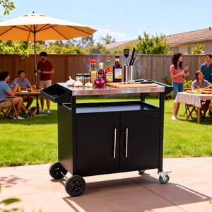 Two-Door Black Outdoor Grill Cart Patio Furniture Portable Mobile BBQ <b>Table</b> <b>Storage</b> Rack-Grilling Accessories for <b>Camping</b> - Product Image 1