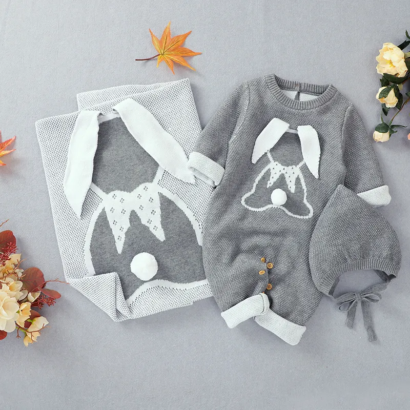 Fabrik Direkt Verkäufe Babys Kleidung Und Decke Set Niedlichen Kaninchen Gestrickte Baby Mädchen Winter Strampler Hut Decke 3pcs Set