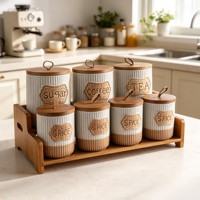 Ensemble de 7 pots à épices en céramique écologiques avec couvercles en bois, modernes, luxueux, pour la conservation de la fraîcheur, anti-poussière, faits à la main