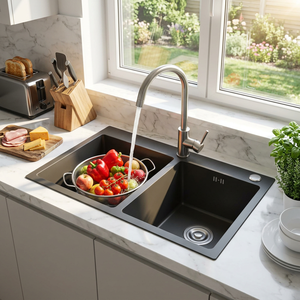 Évier double professionnel pour chef 780x480mm |   AW-7848A 201 SS Évier sous plan, finition PVD couleur bronze, poste de travail à double vasque - Product Image 1