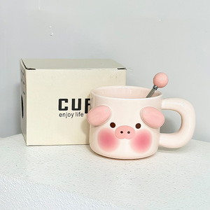 แก้วน่ารักขนาด 480 มล. พร้อมฝาปิดและช้อน ขายส่ง ของขวัญคู่รักสุดสร้างสรรค์ แก้วเซรามิก แก้วกาแฟสำหรับใช้ในบ้านและที่ทำงาน - Product Image 5