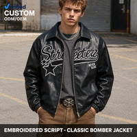 Maßgefertigte Schwarze Herren-Kunstlederjacken mit Spread-Kragen, Reißverschluss-Taschen, Überschnittener Schulter und Stern-Grafik für Vintage-Streetwear