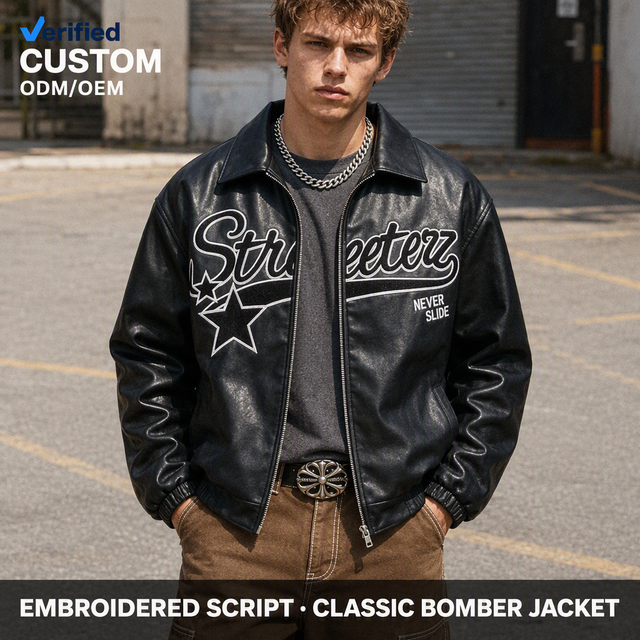 Custom Black Men's Faux Leather Jackets Spread Collar Front Zip Pockets Drop Shoulder Star Graphic for Vintage Streetwear